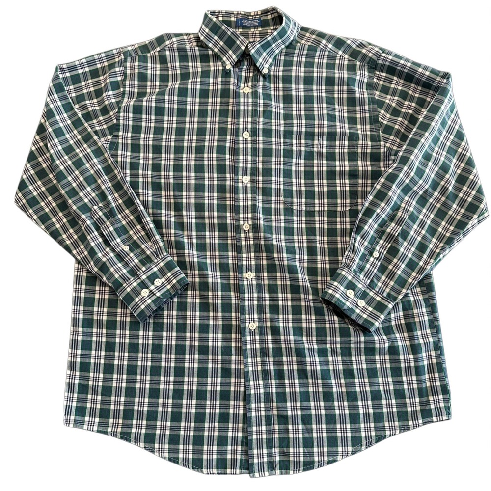 Y2K Towncraft Mens Plaid Button Down Shirt Green Navy Wrinkle Free Size M